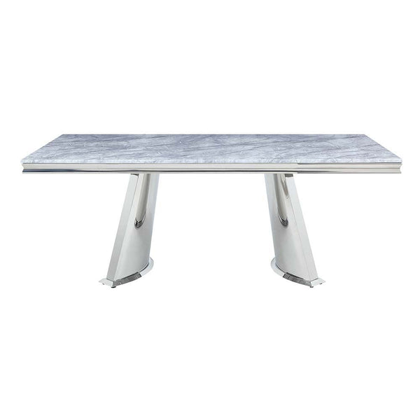  the Destry dining table is great for creating an inviting and modern setting. The stainless steel frame reflects its surroundings and makes it appear as if 