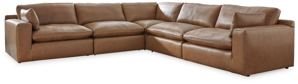 Catering to your contemporary lifestyle, this sectional is a handsome marriage of masculine and feminine sensibilities. Feather-fiber cushions and bolster pillows soften the look of its chunky, linear silhouette. A warmly hued combination of leather and f