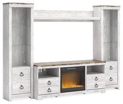 This entertainment center with fireplace option is the ultimate statement piece for your coastal cottage or shabby chic inspired retreat. Whitewashed finish is wonderfully easy on the eyes. Paired with the TV standâ€™s unique plank-style top, itâ€™s a dri