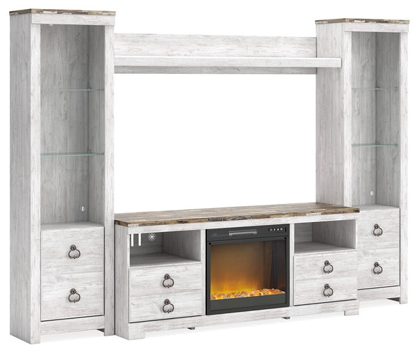 This entertainment center with fireplace option is the ultimate statement piece for your coastal cottage or shabby chic inspired retreat. Whitewashed finish is wonderfully easy on the eyes. Paired with the TV standâ€™s unique plank-style top, itâ€™s a dri