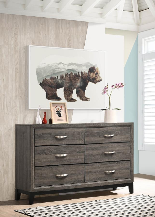 Featuring color blocking, this grey six-drawer dresser is a contemporary take on mid-century modern design. The body showcases a sophisticated, exposed wood grain constructed of oak. Tapered legs in a black finish offer a modern feel, adding visual intrig