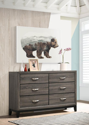  this grey six-drawer dresser is a contemporary take on mid-century modern design. The body showcases a sophisticated