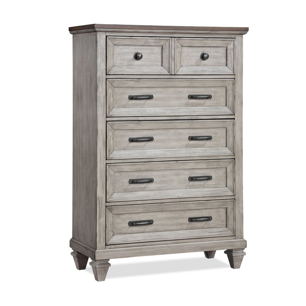 The Mariana 5-Drawer Chest is a remarkable combination of timeless craftsmanship and versatile design, making it a sophisticated addition to any bedroom. Crafted from solid Acacia wood and enhanced with Acacia veneers, this chest is finished with a rich, 