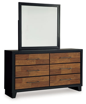 Experience the captivating allure of this dresser and mirror set, an effortless blend of casual and refined aesthetics. Its two-tone finish combines satin black with a rich brown wood tone for a modern, relaxed vibe that you-'ll love waking up to. Perfect