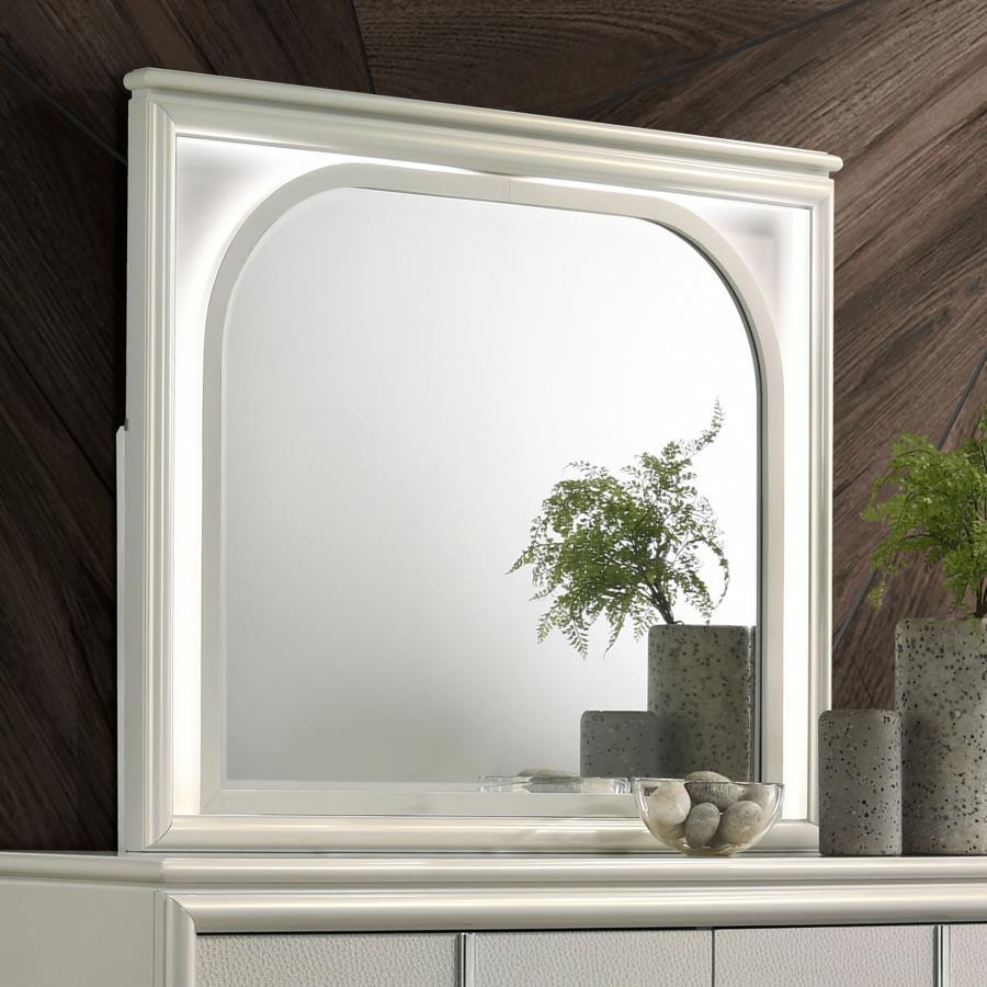 Add a touch of modern elegance to your dresser with this beautifully designed mirror. The shaped beveled glass, framed by a sleek pearl white border, brings a refined charm to any room. Touch LED lighting provides both functionality and a soft, ambient gl