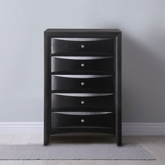 The Ireland chest in black finish with 5 spacious drawers will meet all of your bedroom storage needs, with space for clothing and linen. All drawers have English dovetail with center metal glides. Drawer fronts are beveled. Complemented by slightly flare