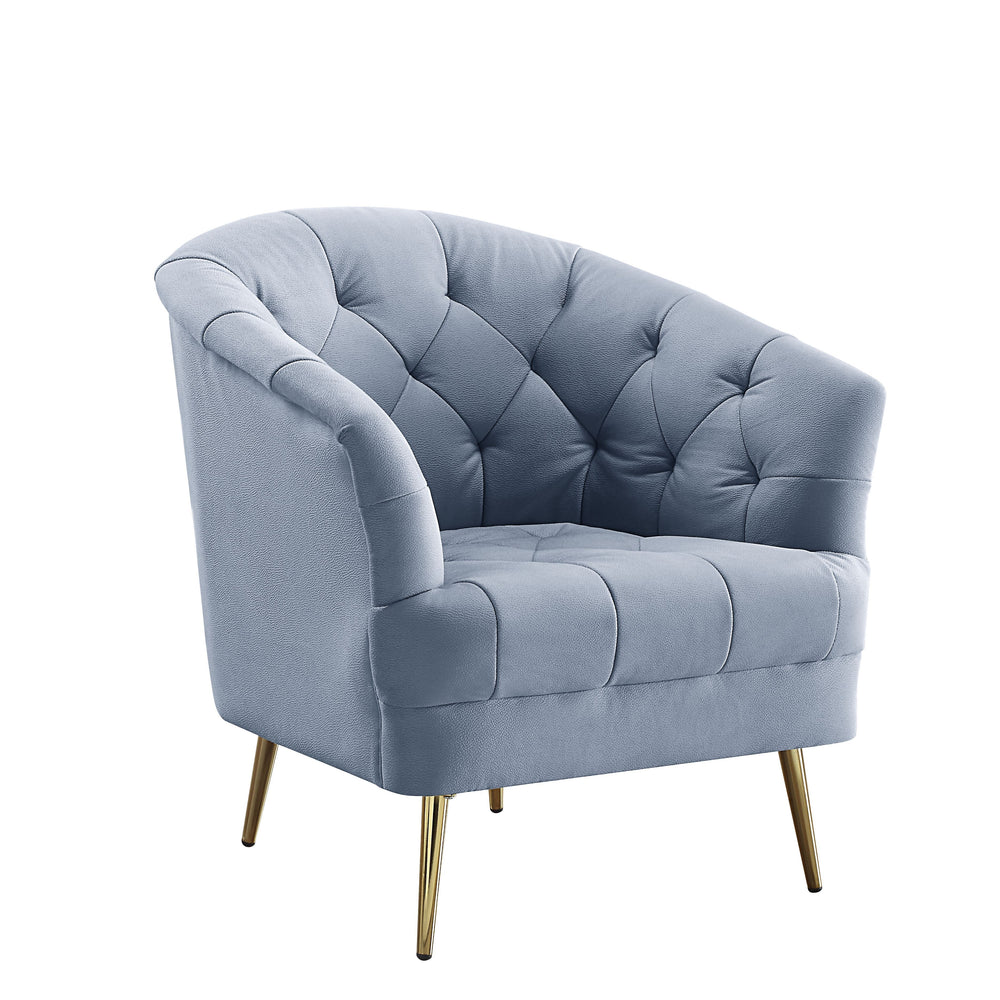 The Bayram living room collection is a perfect combination of contemporary and classic. With a modern curved silhouette and classic details such as diamond button tufting to create this glamourous set. The light gray velvet upholstery paired with the meta