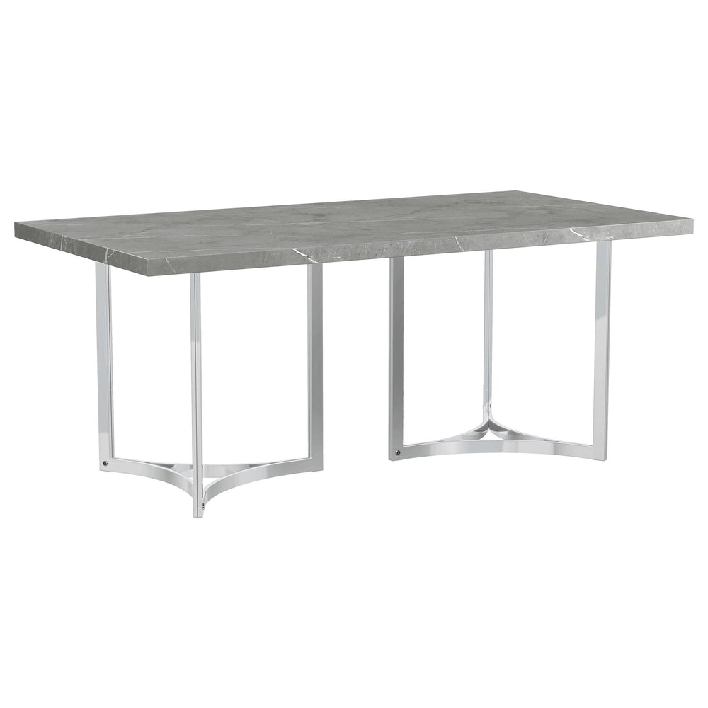 Create a sophisticated dining experience with this sleek 72-inch dining table. Crafted with a durable engineered wood substrate, the tabletop features a stunning grey faux marble laminate finish that mimics the look of real stone. Its modern aesthetic is 