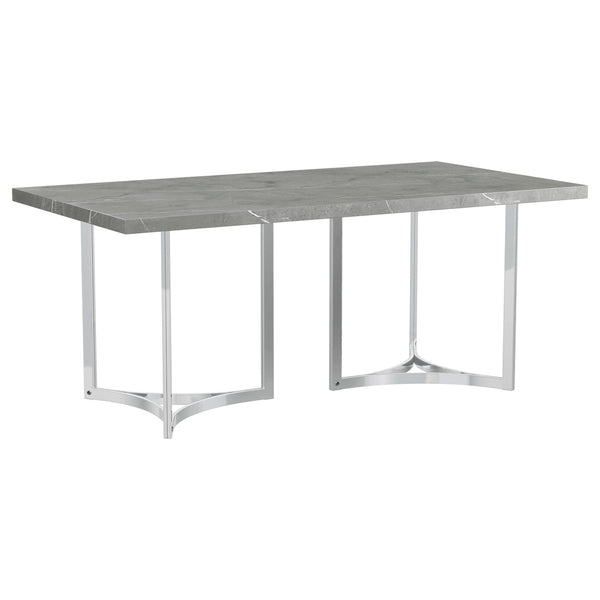Create a sophisticated dining experience with this sleek 72-inch dining table. Crafted with a durable engineered wood substrate, the tabletop features a stunning grey faux marble laminate finish that mimics the look of real stone. Its modern aesthetic is 