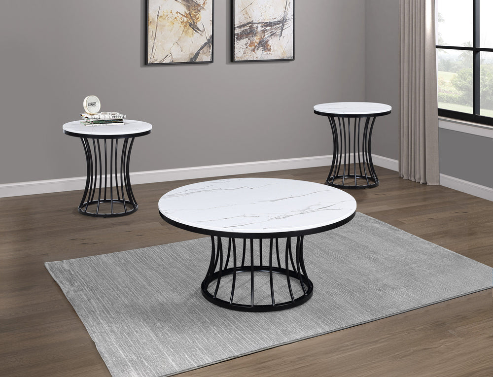 This cocktail set is a sophisticated blend of contemporary design and artistic flair, ideal for modern homes seeking a touch of elegance. The set features sleek, round tables with a faux marble tops that are both beautiful and easy to care for. Each table