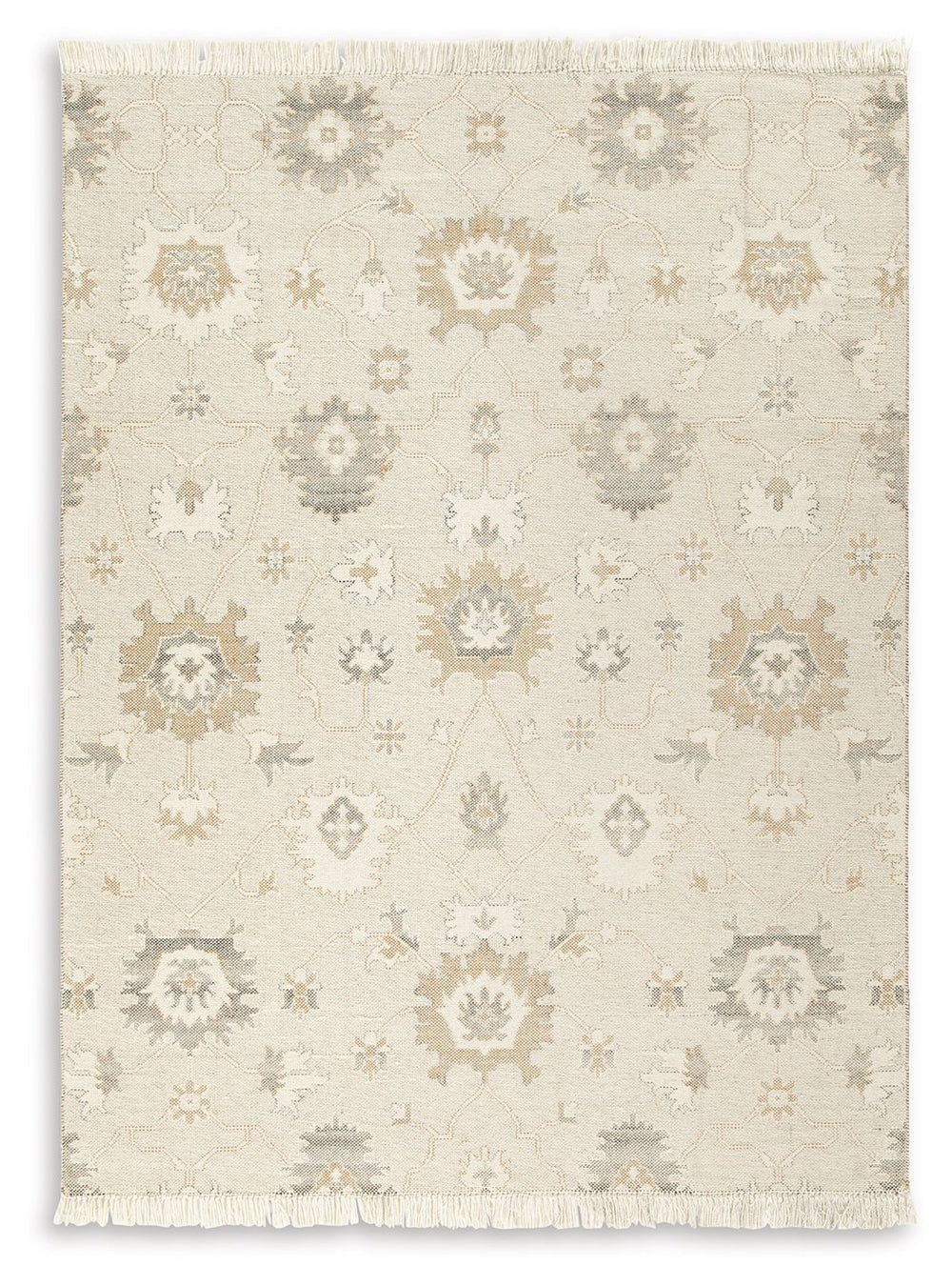 Bring modern life into balance with the rhythms and beauty of nature. This area rug has the vintage look of an heirloom. Blooming with graceful florals in neutral tones and surrounded by fringe edging, it adds style to any lounge space.<br/><br/><b>Produc