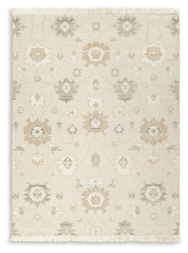 Bring modern life into balance with the rhythms and beauty of nature. This area rug has the vintage look of an heirloom. Blooming with graceful florals in neutral tones and surrounded by fringe edging, it adds style to any lounge space.<br/><br/><b>Produc