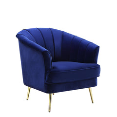 This Eivor trendsetting collection will add style and color to any room. The collection features soft feminine curves and channel tufting to create a modern home. Upholstered in a sumptuous blue velvet that is classy and bold. The metal legs and wooden in