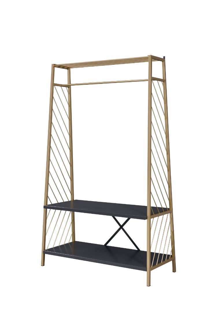 Inspired by contemporary line art, the hall tree showcases a open frame with clean lines that enhances the fashion sense of the space. A gold finsh beautifully complements the metal frame while it-'s shelves in a deep black finish highlight your collectio
