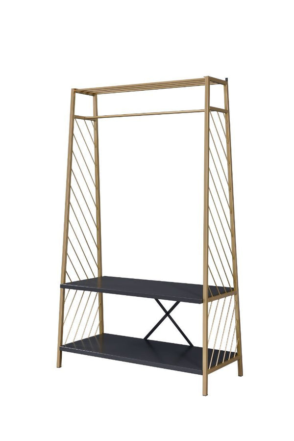 Inspired by contemporary line art, the hall tree showcases a open frame with clean lines that enhances the fashion sense of the space. A gold finsh beautifully complements the metal frame while it-'s shelves in a deep black finish highlight your collectio
