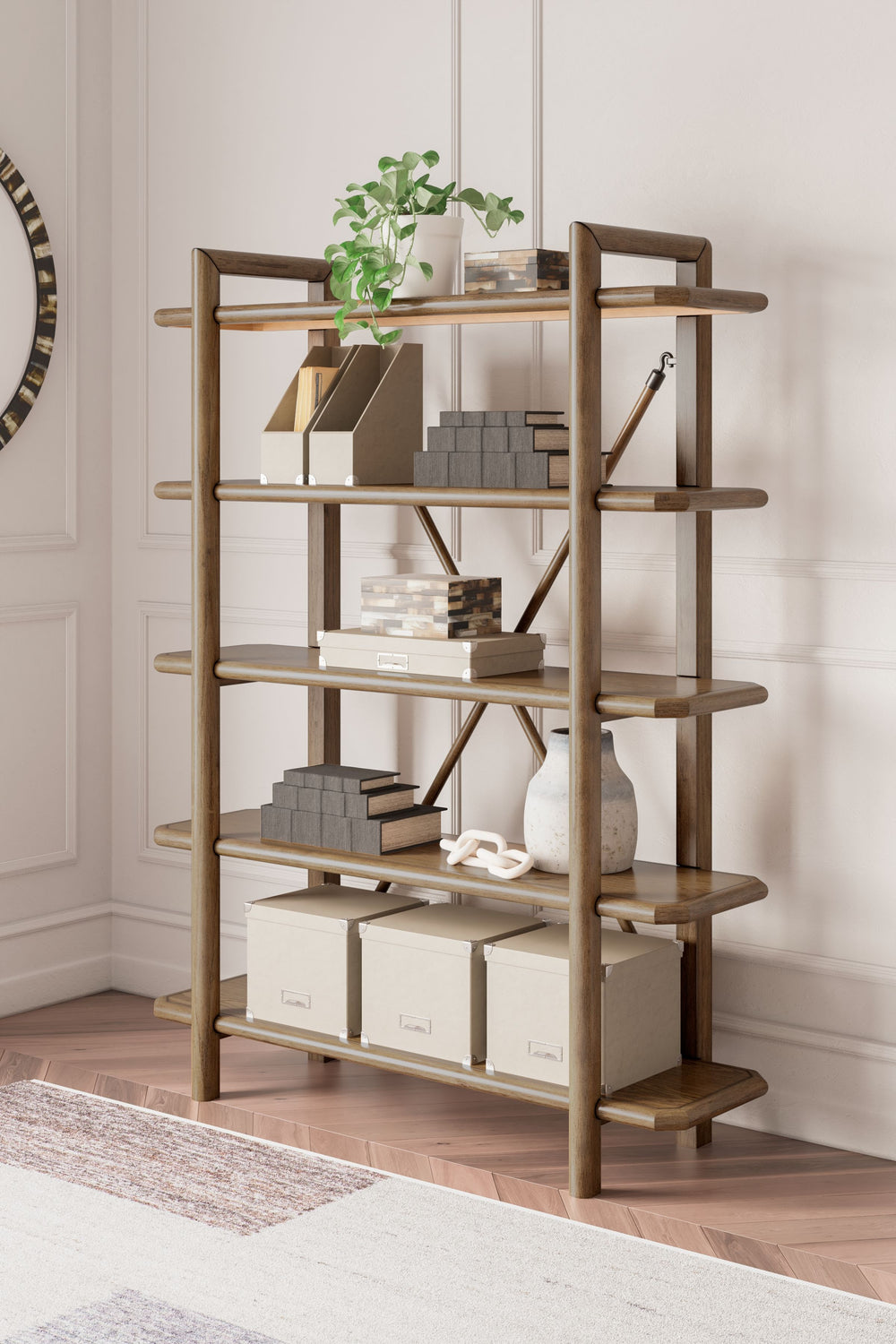 Give your mid-century modern decor that finishing touch with this bookcase. Spacious shelves, thick solid wood frames and a unique back brace enhance the design with stunning style. This bookcase takes minimalism to the max.<br><br><b>Additional Dimension
