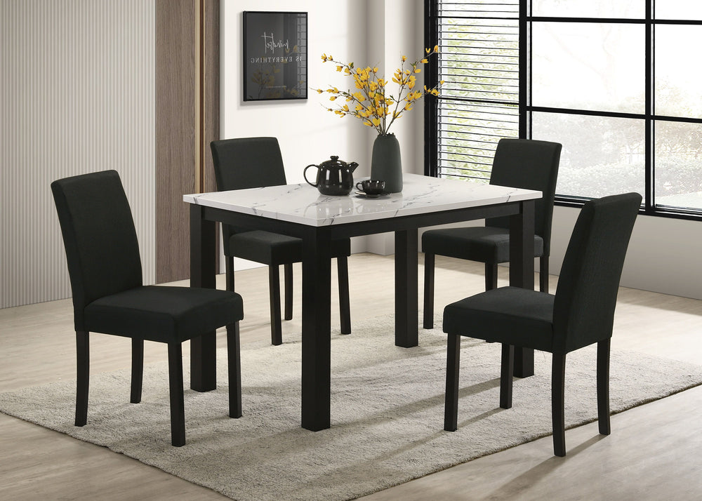 This dining group radiates modern elegance with a sleek, minimalist design that-'s both stylish and practical. The centerpiece is a contemporary table featuring a sophisticated faux-marble top that elevates the aesthetic while providing a durable and easy