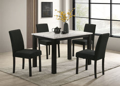 This dining group radiates modern elegance with a sleek, minimalist design that-'s both stylish and practical. The centerpiece is a contemporary table featuring a sophisticated faux-marble top that elevates the aesthetic while providing a durable and easy