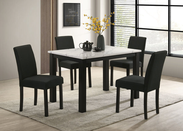 This dining group radiates modern elegance with a sleek, minimalist design that-'s both stylish and practical. The centerpiece is a contemporary table featuring a sophisticated faux-marble top that elevates the aesthetic while providing a durable and easy