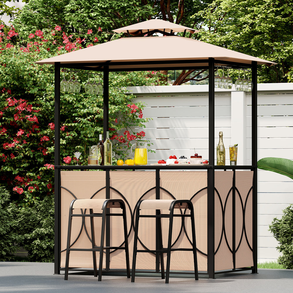 Innovative double roof design for superior ventilation<br>Sun-proof and water-proof canopy fabric for long time outdoor use<br>2 stools can be stored under the bar table for easy storage<br>Versatile for backyards  patios  and poolside settings<br>Wide te