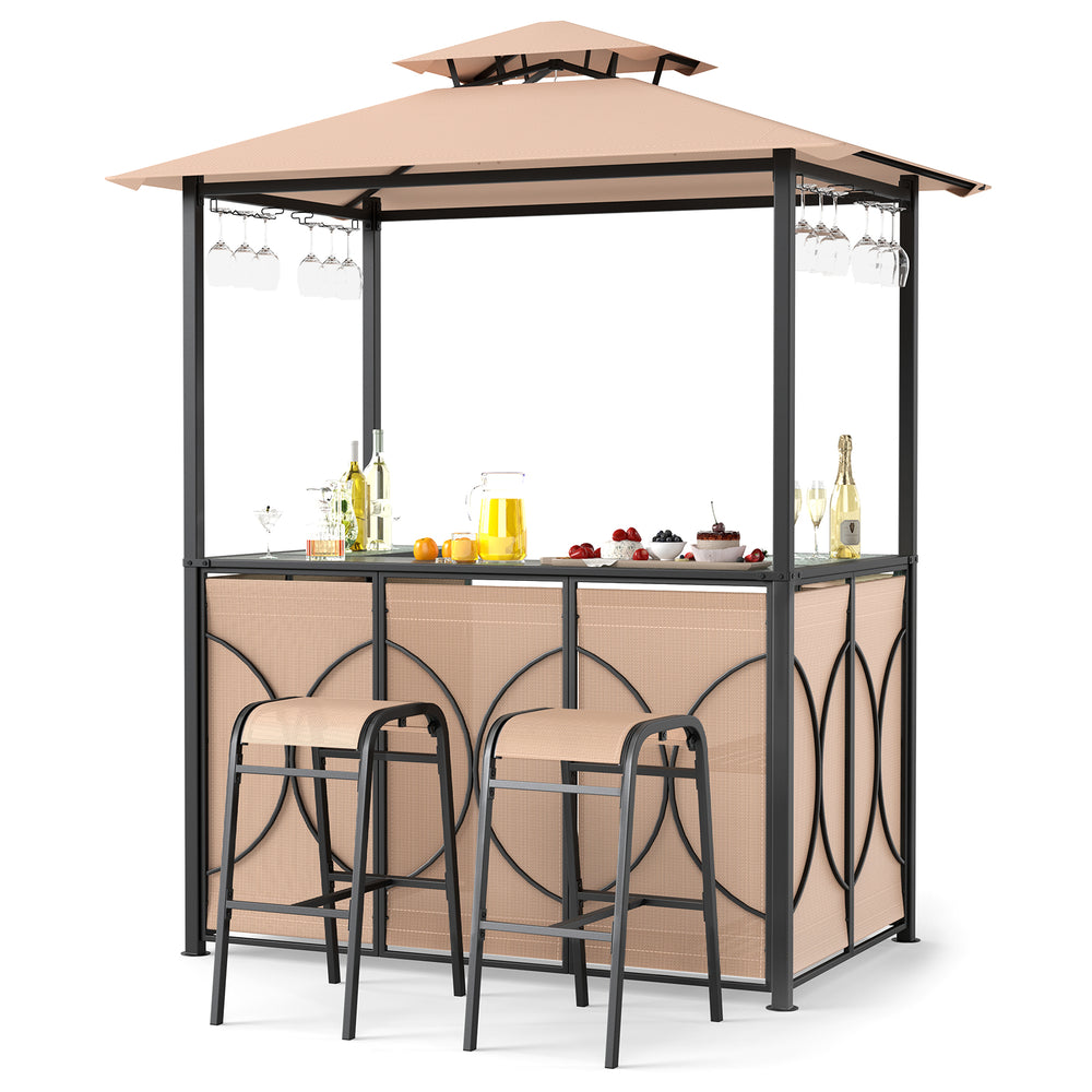 Innovative double roof design for superior ventilation<br>Sun-proof and water-proof canopy fabric for long time outdoor use<br>2 stools can be stored under the bar table for easy storage<br>Versatile for backyards  patios  and poolside settings<br>Wide te