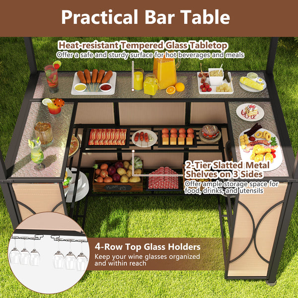 Innovative double roof design for superior ventilation<br>Sun-proof and water-proof canopy fabric for long time outdoor use<br>2 stools can be stored under the bar table for easy storage<br>Versatile for backyards  patios  and poolside settings<br>Wide te