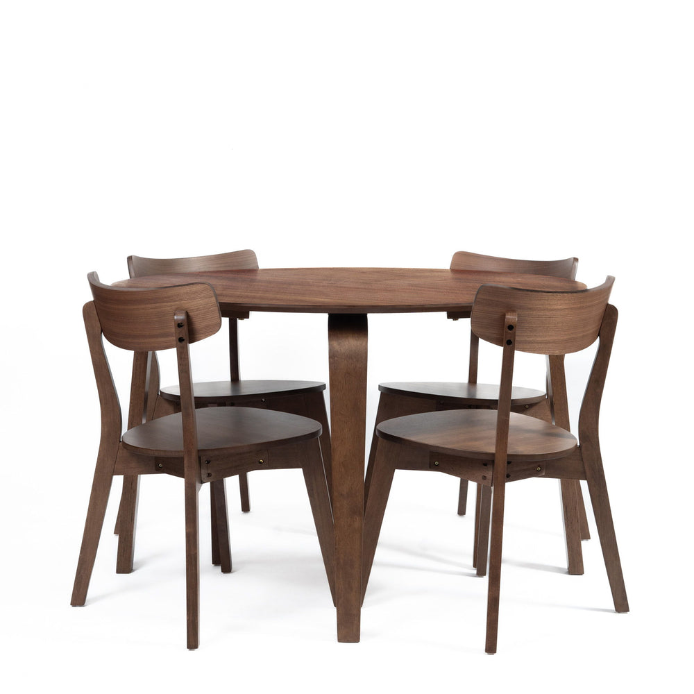 Enhance your dining room with the Gabby Mid-Century Modern Round Dining Table in a sophisticated walnut finish. This exquisite piece is crafted from high-quality Rubberwood and Walnut veneers, combining durability with stunning natural beauty. The clear, 