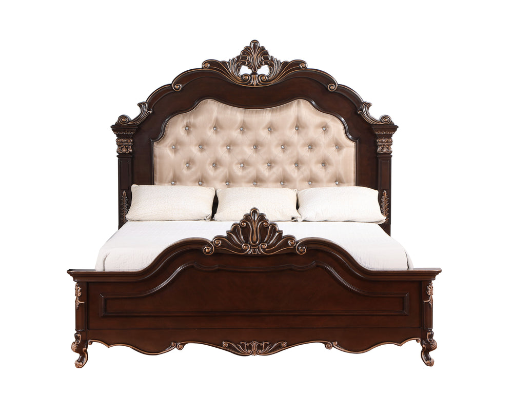 The Constantine Panel Bed by Royal Classics combines timeless elegance with exceptional craftsmanship. This stunning bed, available in a rich Cherry finish, includes a headboard, footboard, two side rails, and a bed slat kit. Crafted from a blend of Solid