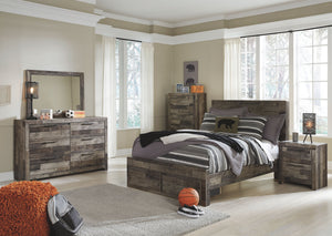 Rustic butcher block finish over replicated pine grain with authentic touch. Cases feature a framed front and pilasters. Bed features a thick and heavy design. Contemporary handles in an antiqued gunmetal finish. Side roller glides for smooth operating dr
