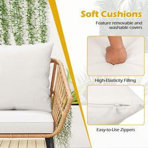 Hand-woven PE rattan combines durability with elegance<br>Soft cushions filled with high-elasticity sponge for added comfort<br>Easy-to-use zippers make it easy to detach and wash cushion covers<br>Thick metal tubes and triangular connectors for excellent
