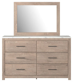 Cool, clean and casually modern. This dresser and mirror-'s light natural finish and faux Calcutta marble top set the tone for your calming sanctuary. Large linear pulls add dimension and authenticity. Six smooth-gliding drawers neatly accommodate your wa