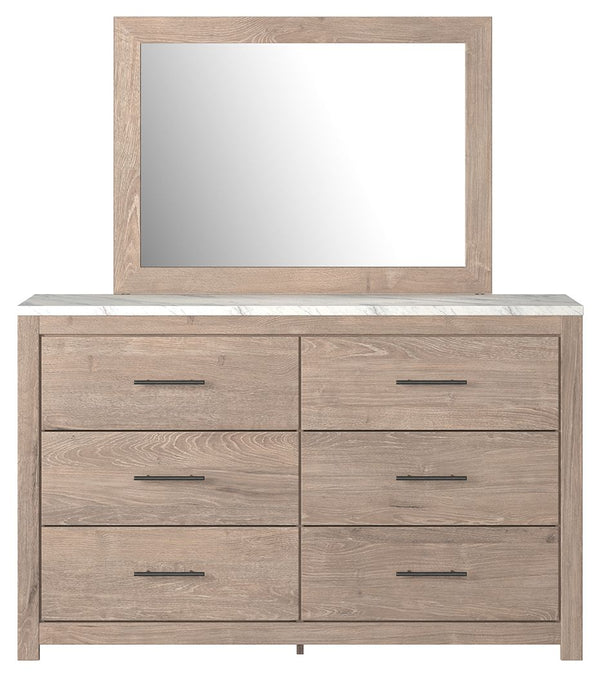  light finish with replicated oak grain and authentic touch accented with a replicated Calcutta marble top. Cases feature a framed front and pilasters. Contemporary handles in a dark pewter color finish. Side roller glides for smooth operating drawers
