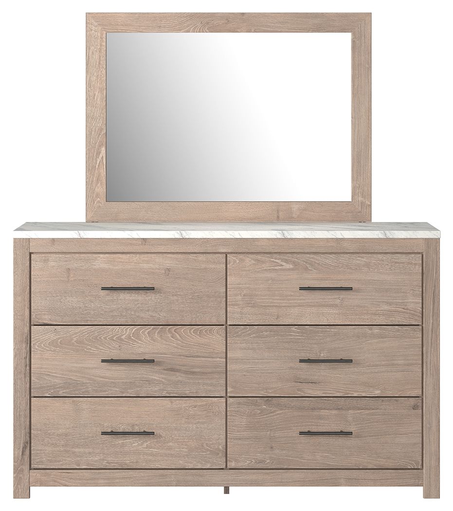 Senniberg - Light Brown / White - 6 Pc. - Dresser, Mirror, Queen Panel Bed, 2 Nightstands