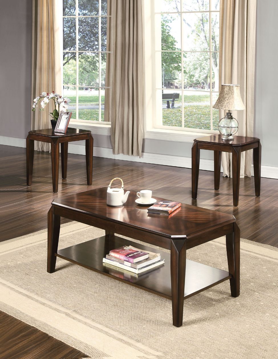 The 3 piece Docila coffee end table collection in walnut finish not only has rich-toned wood and also be a classic masterpiece. The coffee table and the end table has a smooth surface, clean lines and in an elegant shape. This is the perfect one for your 