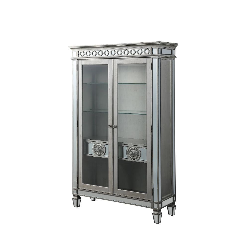 Curio Cabinet Storage: 2 Glass Front Doors (Inside: 5 Compartments with 3 Glass Shelves & Drawers) Wooden Frame, Raised Geometric Trim, Beveled-Mirror Inlay, Tapered Leg (Wood Side Panels