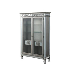 Curio Cabinet Storage: 2 Glass Front Doors (Inside: 5 Compartments with 3 Glass Shelves & Drawers) Wooden Frame, Raised Geometric Trim, Beveled-Mirror Inlay, Tapered Leg (Wood Side Panels