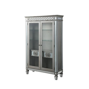 Curio Cabinet Storage: 2 Glass Front Doors (Inside: 5 Compartments with 3 Glass Shelves & Drawers) Wooden Frame, Raised Geometric Trim, Beveled-Mirror Inlay, Tapered Leg (Wood Side Panels