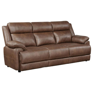 A chic mottled effect brings authenticity to the lush faux leather upholstery of a transitional sofa. Seating three, it features a dark brown color that-'s deep and rich, a perfect complement in a stylish but relaxed living room. The sofa boasts exception