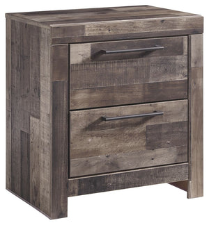 Modern yet hefty. This nightstand makes an urban eclectic statement. Seasoned raw wood look merges with the clean lined design we love today. Muted rustic finish over replicated pine grain maintains its authenticity. Roomy drawers are flanked with attract