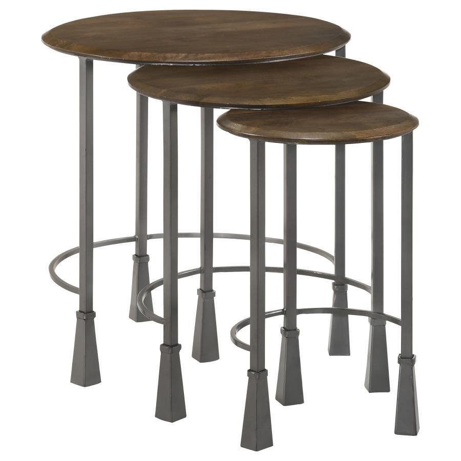 Elevate your space with this three-piece nesting table set, blending modern industrial aesthetics with natural charm. Each table features a solid mango wood tabletop, showcasing a warm, organic finish that complements various interiors. The gunmetal-finis