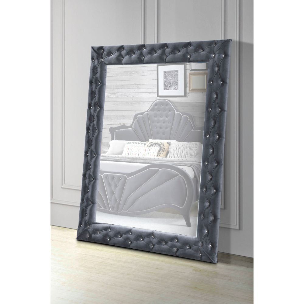 Mirror NOT beveled () Padded Trim: Velvet w/Crystal-like Button Tufted Shape: Rectangular Orientation: Landscape (Horizontal)<br/><br/><b>Product Features</b><ul><li>Floor Mirror</li><li>Orientation: Portrait/Landscape</li><li>Shape: Rectangular</li><li>P