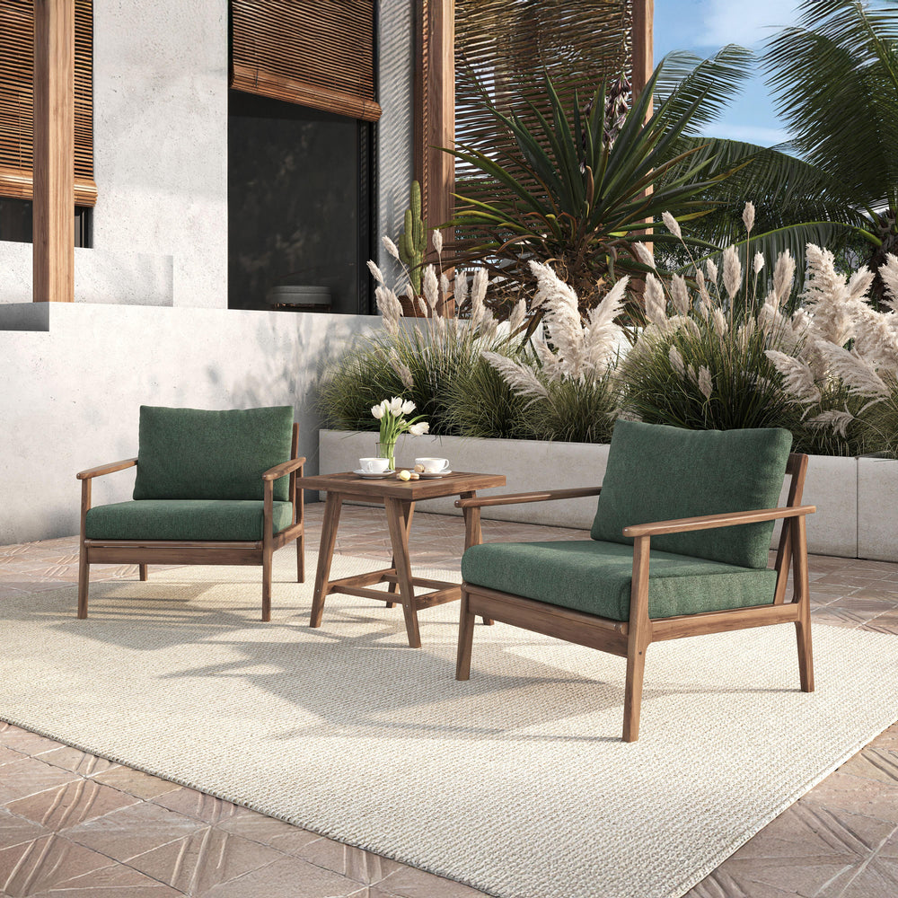 The Ashton 3-Piece Patio Set in Moss Green, featuring two elegant club chairs and a matching end table, offers the perfect blend of durability, comfort, and modern design for any outdoor space. Expertly crafted from FSC-Certified Acacia solid wood, this s