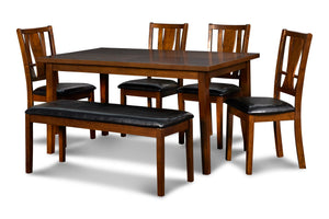 The Dixon 6-Piece Wood Dining Set is a perfect choice for those who value both style and functionality in their dining area. This set, featuring a dining table, four chairs, and a bench, is built from solid Rubberwood, high-quality manufactured woods, and