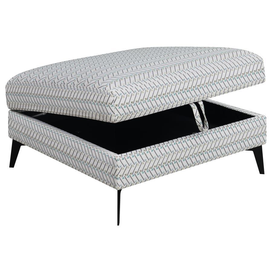 Function and fashion mix with a delightful result in this modern storage ottoman. Brighten a sofa set or sectional with a square ottoman adding plenty of surface and storage space. Covered in fabric with a compelling geometric design, its gray-centered pa