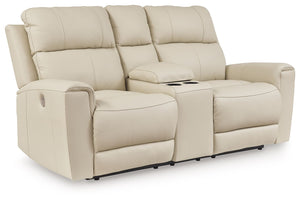 Focus on function. This practical power reclining loveseat with console balances contemporary character and irresistible comfort. Its affordable, expertly matched leather and faux leather upholstery keeps your style up to speed without breaking the bank. 