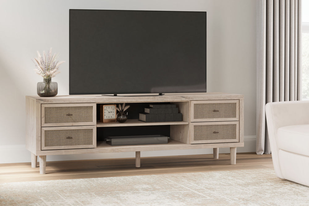Clean-lined and contemporaryâ€”but far from starkâ€”this TV stand is a fresh style awakening. Pairing a light finish with replicated oak grain and textured beige cane details, its mixed materials bring a naturally versatile vibe to your favorite spot for 