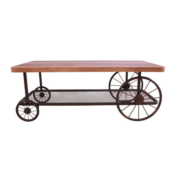  it confirms you are hip by having this fun table in your living room. This table features a butcher block top and metal mesh lower shelf supported by wheels in the form of