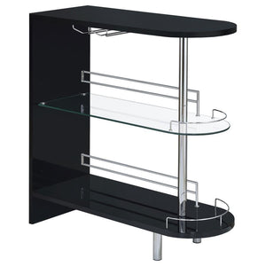 This stylish bar unit is a fabulous option for your entertaining needs. A sleek silhouette and glossy black finish give it a chic, modern appeal. Its tempered glass storage shelves offer a handy place to display a collection of fine wines and spirits. Pro