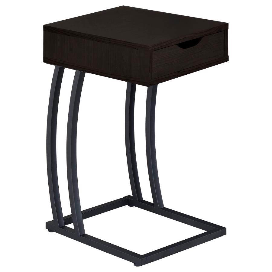The perfect marriage of classic and modern design, this cappuccino accent table is full of contemporary upgrades. Great as an end, snack, or chairside table, the storage drawer works well for keeping clutter out of sight. A built-in power strip on the bac