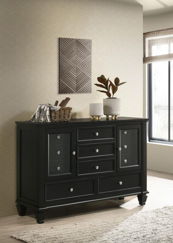  featuring 11 spacious drawers and two wood-framed tempered glass doors. The mix of drawers and glass-paneled cabinets offers a perfect blend of functionality and 
